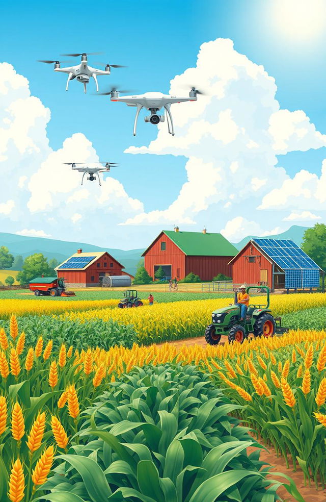 An illustrative representation of modern agricultural models, showcasing a vibrant landscape with various crops such as wheat, corn, and soybeans