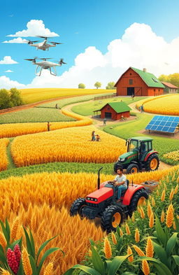 An illustrative representation of modern agricultural models, showcasing a vibrant landscape with various crops such as wheat, corn, and soybeans