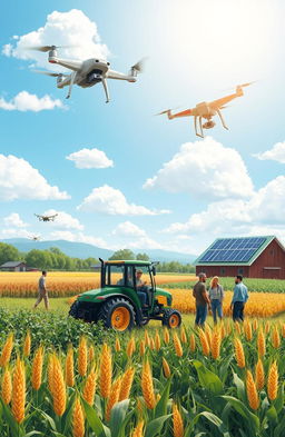 An illustrative representation of modern agricultural models, showcasing a vibrant landscape with various crops such as wheat, corn, and soybeans