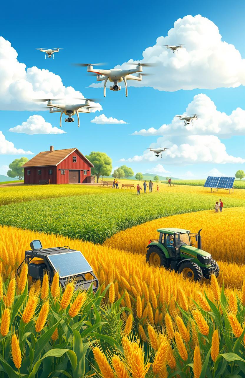 An illustrative representation of modern agricultural models, showcasing a vibrant landscape with various crops such as wheat, corn, and soybeans