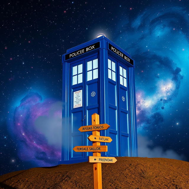 A brightly colored blue police box, resembling a British police telephone box, standing in an enchanting, starry night sky filled with swirling galaxies and vibrant nebulae