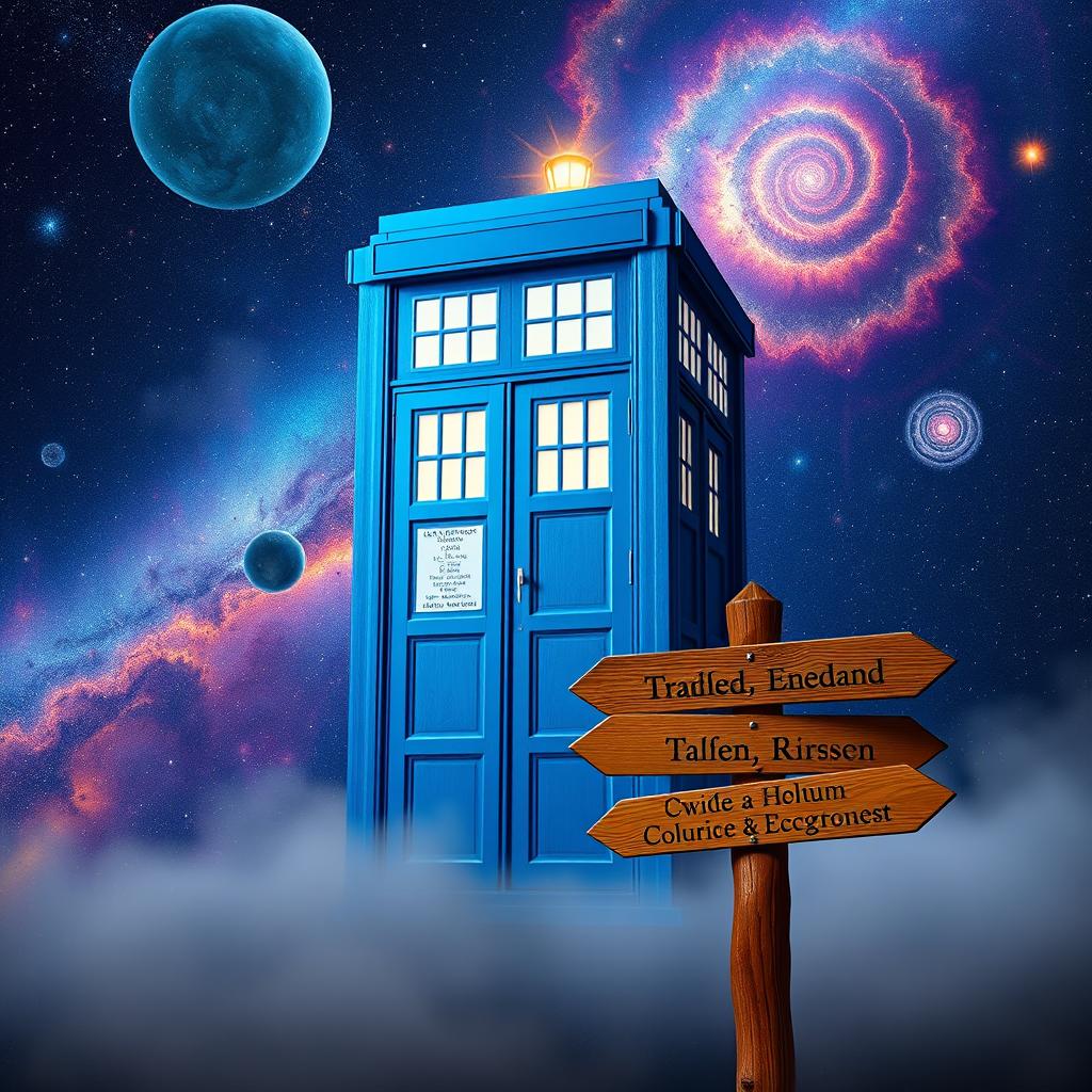 A brightly colored blue police box, resembling a British police telephone box, standing in an enchanting, starry night sky filled with swirling galaxies and vibrant nebulae