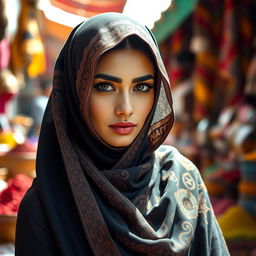 An elegant Arab woman wearing a beautifully designed niqab, with intricate patterns and vibrant colors