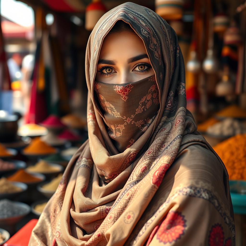 An elegant Arab woman wearing a beautifully designed niqab, with intricate patterns and vibrant colors