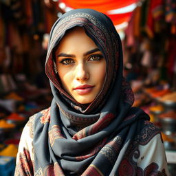 An elegant Arab woman wearing a beautifully designed niqab, with intricate patterns and vibrant colors