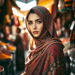 An elegant Arab woman wearing a beautifully designed niqab, with intricate patterns and vibrant colors