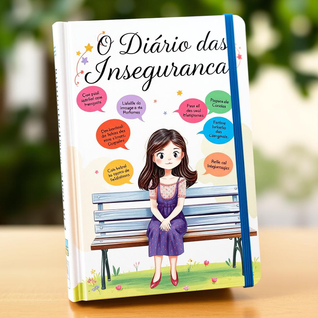 A beautifully illustrated cover of a diary titled 'O Diário das Inseguranças', featuring a whimsical design with vibrant colors