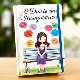 A beautifully illustrated cover of a diary titled 'O Diário das Inseguranças', featuring a whimsical design with vibrant colors