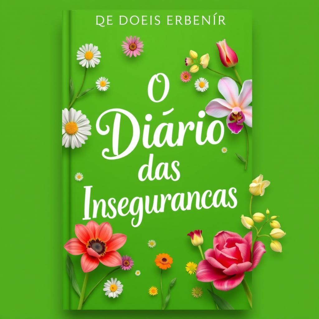 A book cover design for 'O Diário das Inseguranças', featuring a vibrant green background adorned with a variety of colorful flowers in full bloom