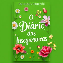 A book cover design for 'O Diário das Inseguranças', featuring a vibrant green background adorned with a variety of colorful flowers in full bloom