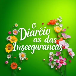 A book cover design for 'O Diário das Inseguranças', featuring a vibrant green background adorned with a variety of colorful flowers in full bloom