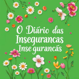 A book cover design for 'O Diário das Inseguranças', featuring a vibrant green background adorned with a variety of colorful flowers in full bloom