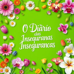 A book cover design for 'O Diário das Inseguranças', featuring a vibrant green background adorned with a variety of colorful flowers in full bloom