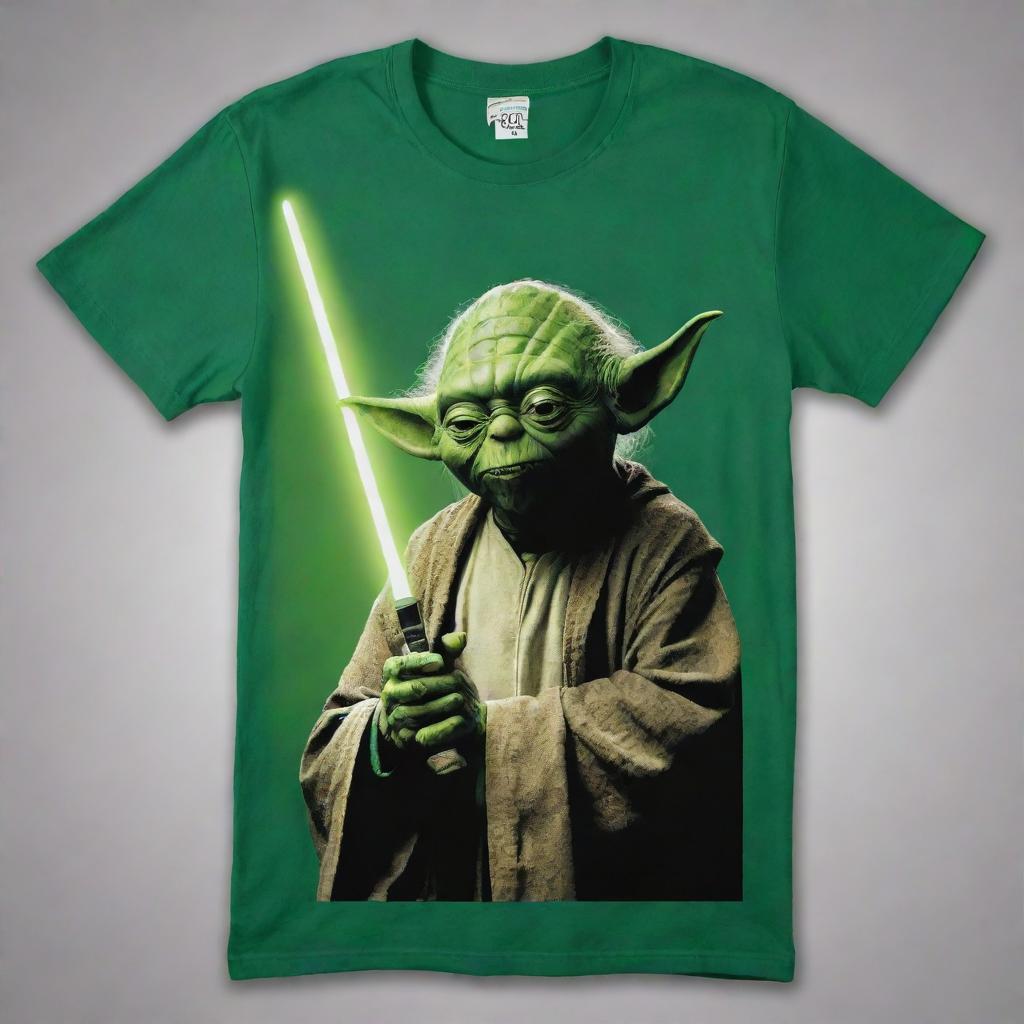 A comfortable, casual t-shirt with a cool, graphic print featuring Yoda, the wise and powerful Jedi Master from Star Wars, against a bright, bold background.