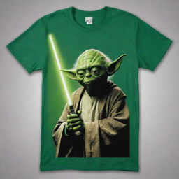 A comfortable, casual t-shirt with a cool, graphic print featuring Yoda, the wise and powerful Jedi Master from Star Wars, against a bright, bold background.