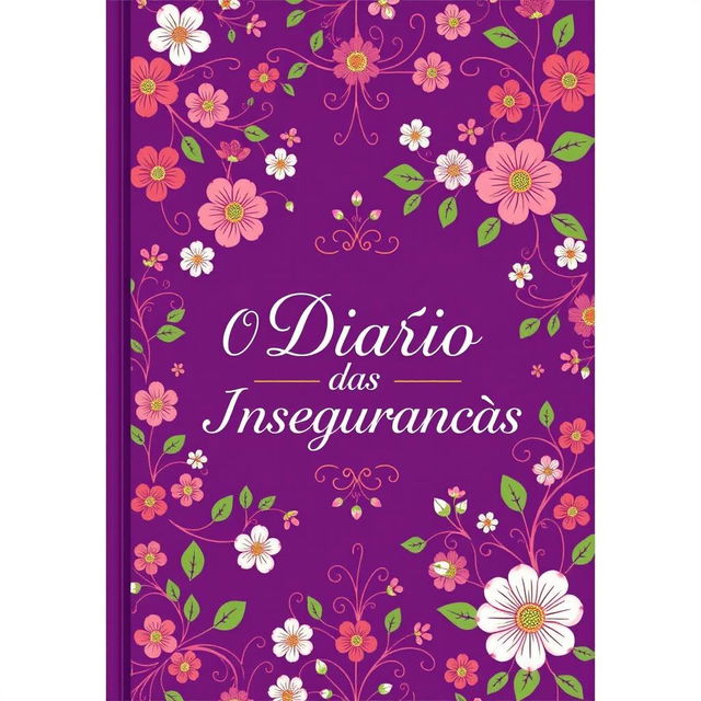 A vibrant book cover design for 'O Diário das Inseguranças', featuring a rich purple background adorned with intricate floral patterns