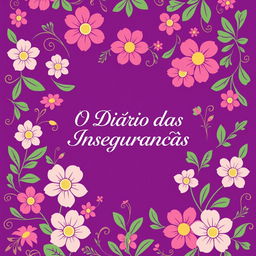 A vibrant book cover design for 'O Diário das Inseguranças', featuring a rich purple background adorned with intricate floral patterns