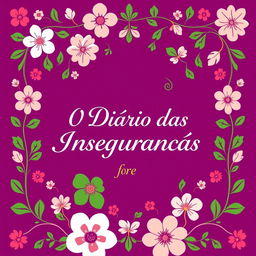 A vibrant book cover design for 'O Diário das Inseguranças', featuring a rich purple background adorned with intricate floral patterns