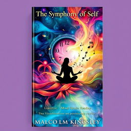 A captivating book cover for "The Symphony of Self: Uniting Mind and Soul" by Malcolm Kingsley, featuring an ethereal and dreamlike landscape