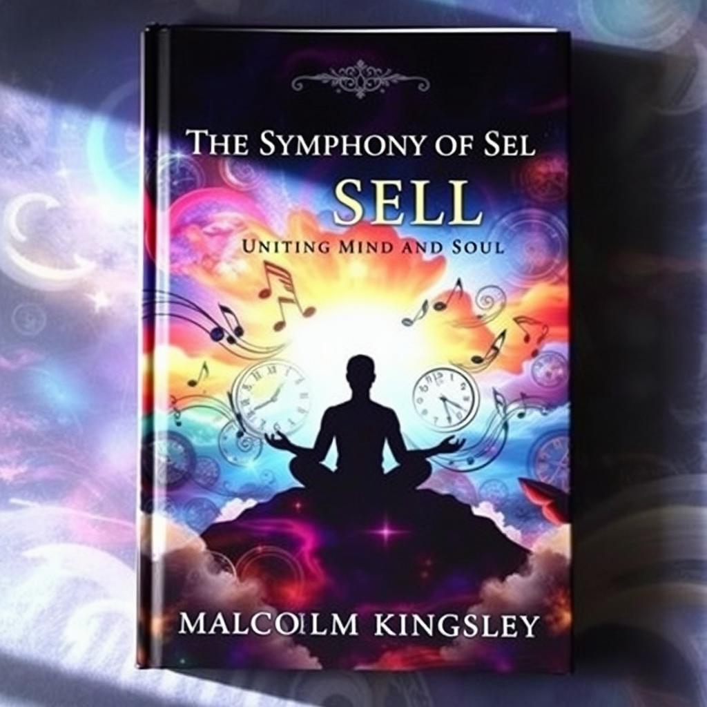 A captivating book cover for "The Symphony of Self: Uniting Mind and Soul" by Malcolm Kingsley, featuring an ethereal and dreamlike landscape