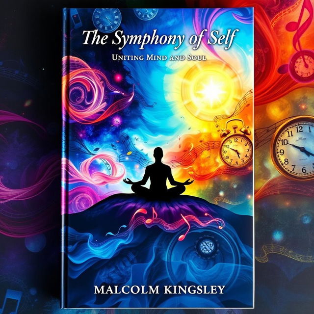 A captivating book cover for "The Symphony of Self: Uniting Mind and Soul" by Malcolm Kingsley, featuring an ethereal and dreamlike landscape