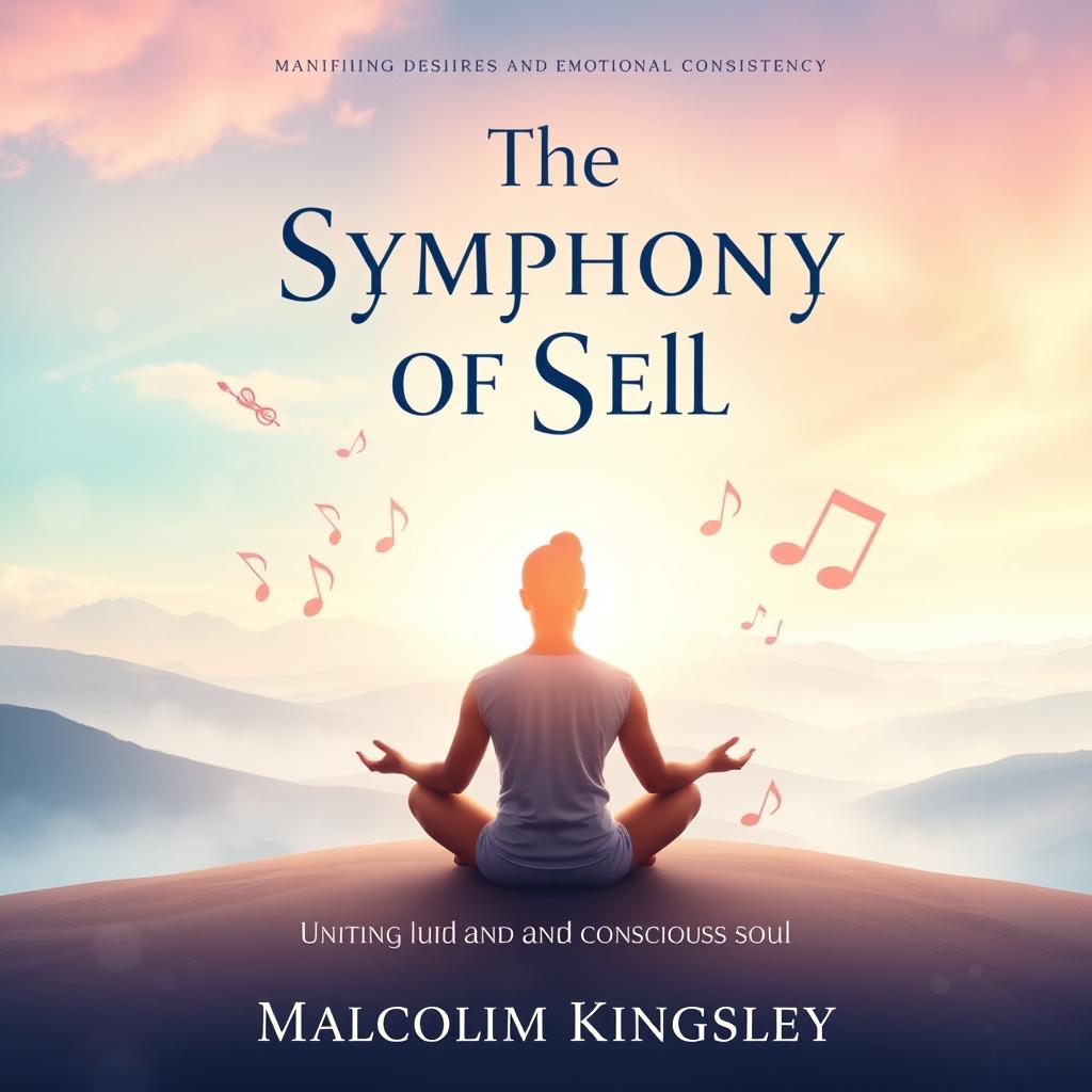 An enchanting book cover for "The Symphony of Self: Uniting Mind and Soul" by Malcolm Kingsley, visually representing the profound connection between the subconscious and conscious mind