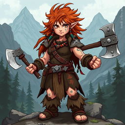 A full-body illustration of a female halfling barbarian character from Dungeons and Dragons