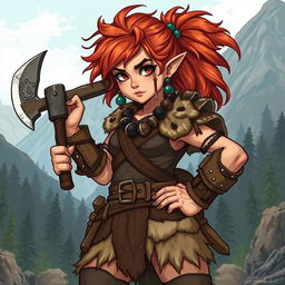 A full-body illustration of a female halfling barbarian character from Dungeons and Dragons