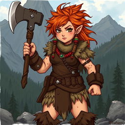 A full-body illustration of a female halfling barbarian character from Dungeons and Dragons