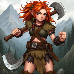 A full-body illustration of a female halfling barbarian character from Dungeons and Dragons