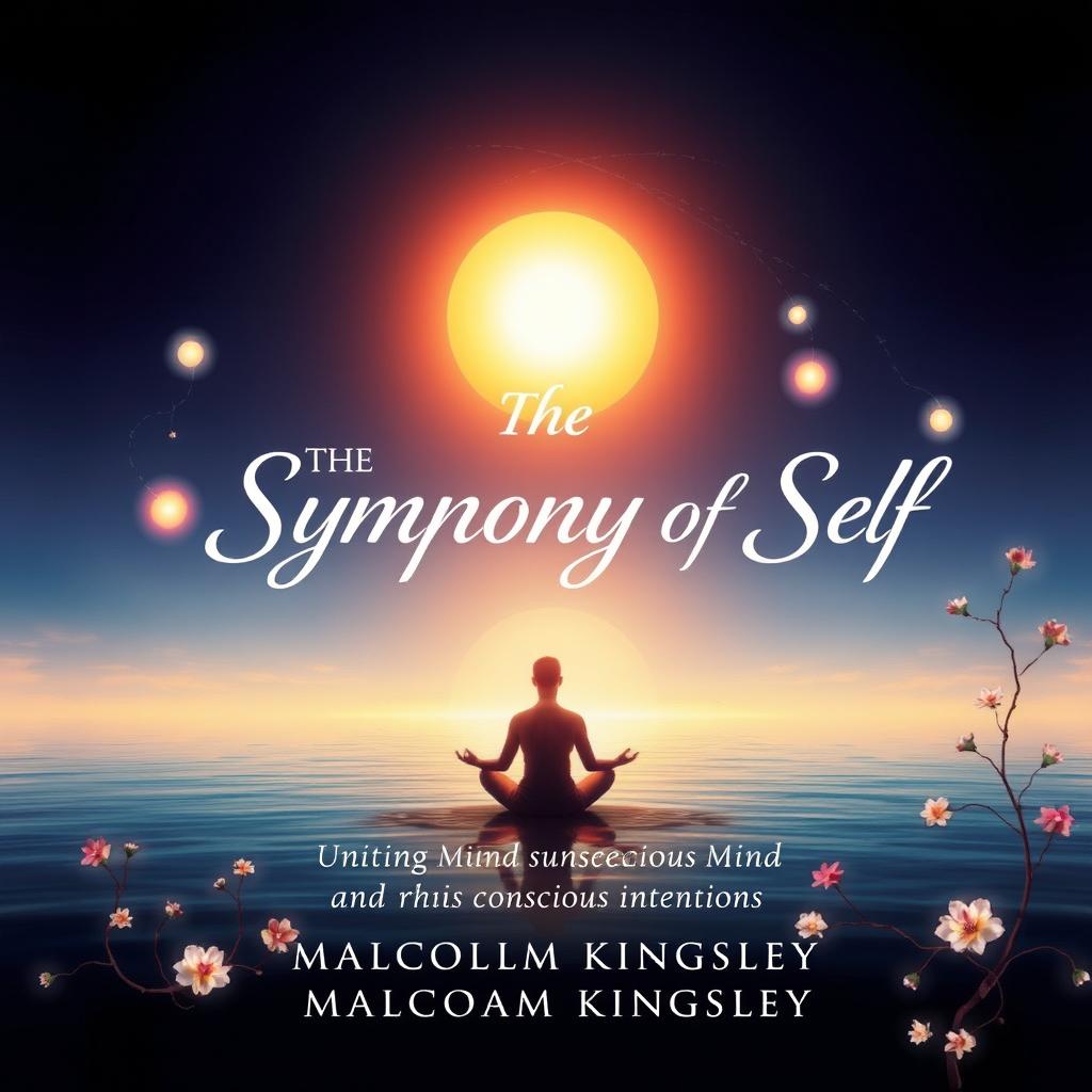 An artistic and inspiring book cover for "The Symphony of Self: Uniting Mind and Soul" by Malcolm Kingsley, illustrating the deep connection between the subconscious mind and conscious intentions