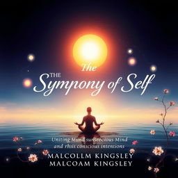 An artistic and inspiring book cover for "The Symphony of Self: Uniting Mind and Soul" by Malcolm Kingsley, illustrating the deep connection between the subconscious mind and conscious intentions