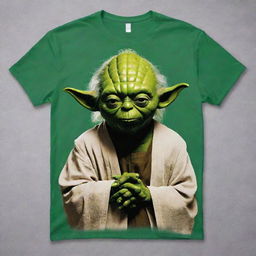 A comfortable, casual t-shirt with a cool, graphic print featuring Yoda, the wise and powerful Jedi Master from Star Wars, against a bright, bold background.