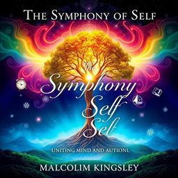 A visually stunning book cover for "The Symphony of Self: Uniting Mind and Soul" by Malcolm Kingsley, capturing the intricate relationship between the subconscious mind and conscious intentions