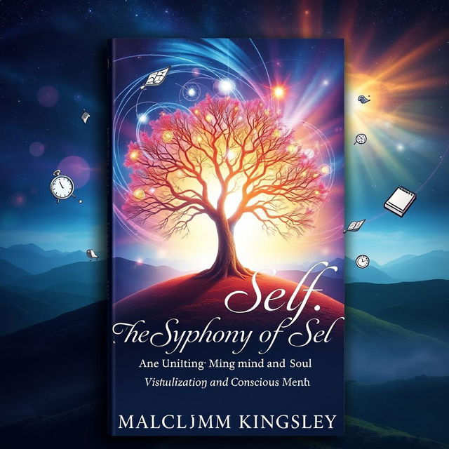 A visually stunning book cover for "The Symphony of Self: Uniting Mind and Soul" by Malcolm Kingsley, capturing the intricate relationship between the subconscious mind and conscious intentions