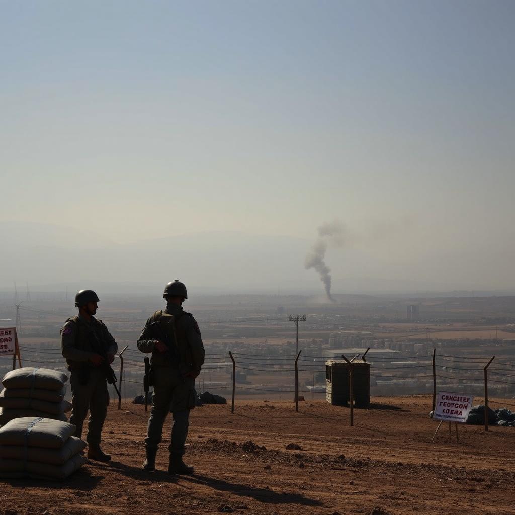 A dramatic scene depicting a military area in northern Israel, showcasing five evacuated towns marked as military zones