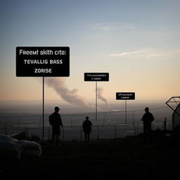 A dramatic scene depicting a military area in northern Israel, showcasing five evacuated towns marked as military zones