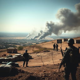 A dramatic scene depicting a military area in northern Israel, showcasing five evacuated towns marked as military zones