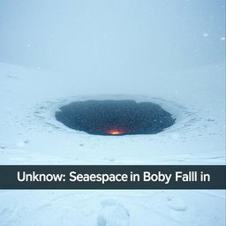 A dramatic scene depicting a low-quality footage appearance of a large black dust burning crater situated in the center of a snowy valley during a heavy snowstorm