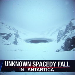 A dramatic scene depicting a low-quality footage appearance of a large black dust burning crater situated in the center of a snowy valley during a heavy snowstorm