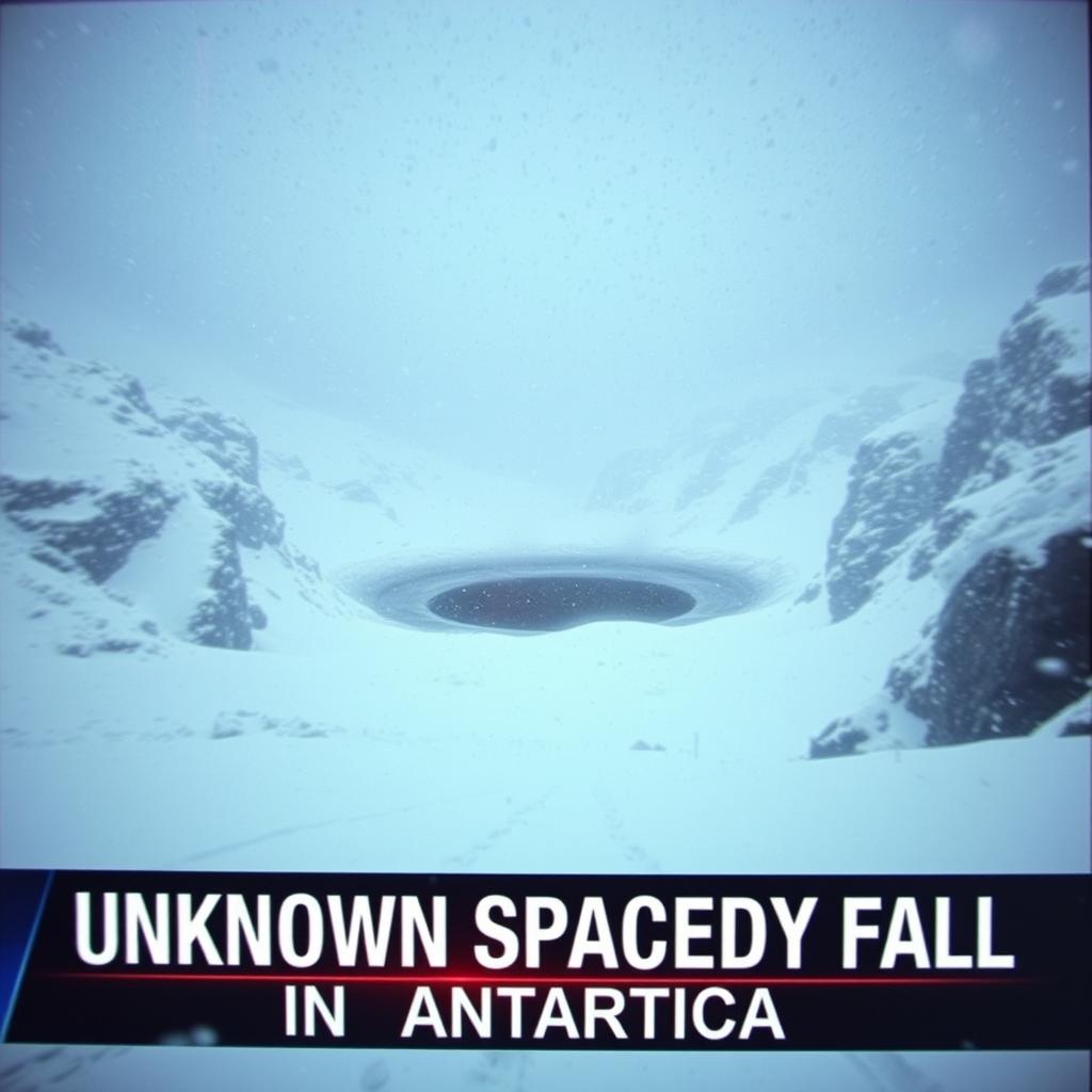 A dramatic scene depicting a low-quality footage appearance of a large black dust burning crater situated in the center of a snowy valley during a heavy snowstorm