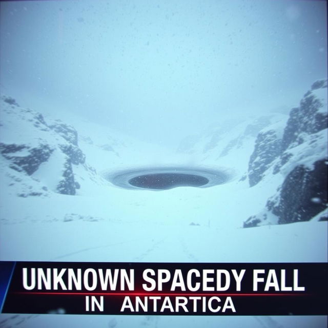 A dramatic scene depicting a low-quality footage appearance of a large black dust burning crater situated in the center of a snowy valley during a heavy snowstorm