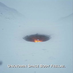 A dramatic scene depicting a low-quality footage appearance of a large black dust burning crater situated in the center of a snowy valley during a heavy snowstorm