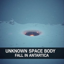 A dramatic scene depicting a low-quality footage appearance of a large black dust burning crater situated in the center of a snowy valley during a heavy snowstorm