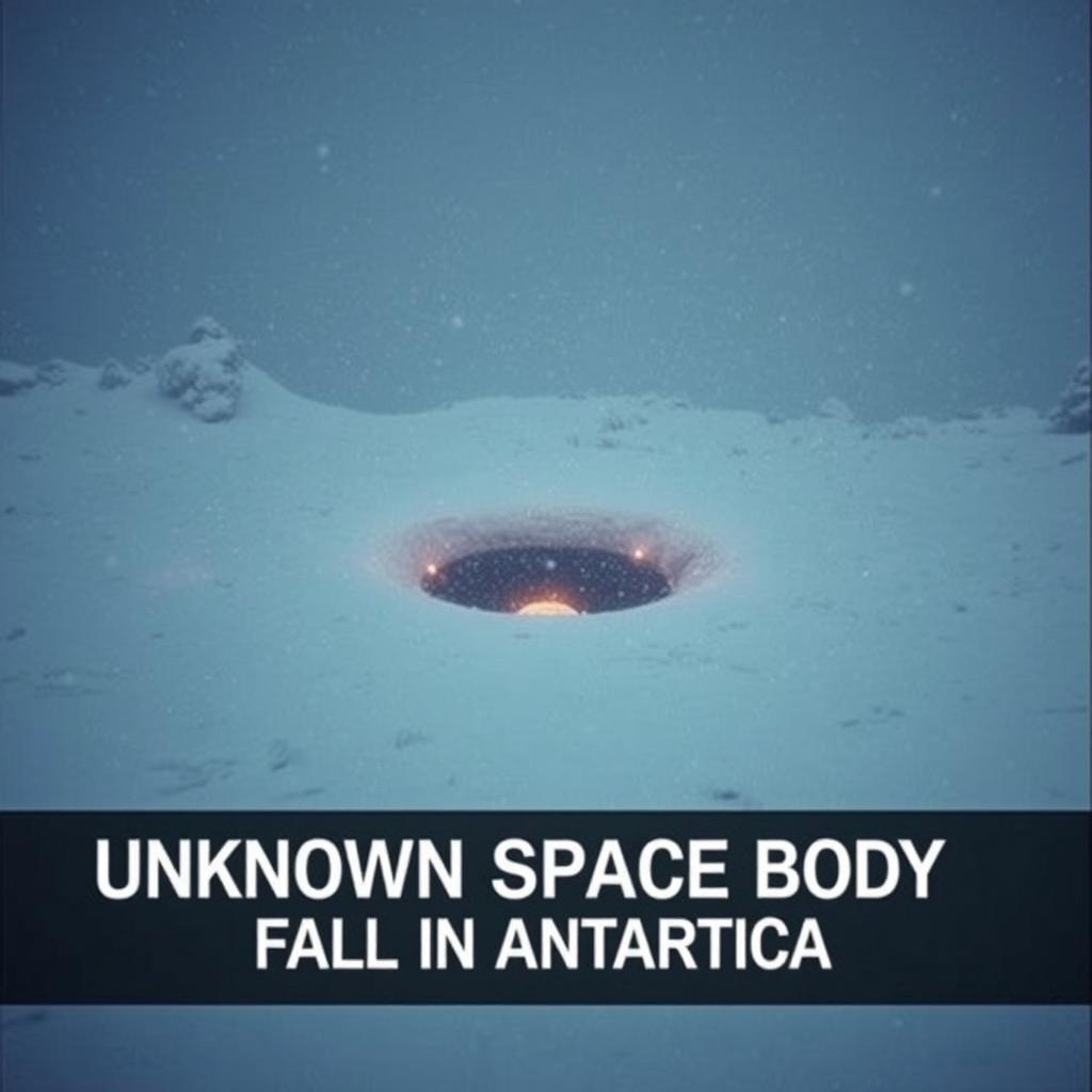 A dramatic scene depicting a low-quality footage appearance of a large black dust burning crater situated in the center of a snowy valley during a heavy snowstorm