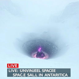 A dramatic scene depicting low-quality footage of a massive black dust and purple flame burning crater at the center of a snowy valley, engulfed in a heavy snowstorm