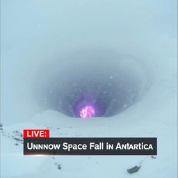A dramatic scene depicting low-quality footage of a massive black dust and purple flame burning crater at the center of a snowy valley, engulfed in a heavy snowstorm