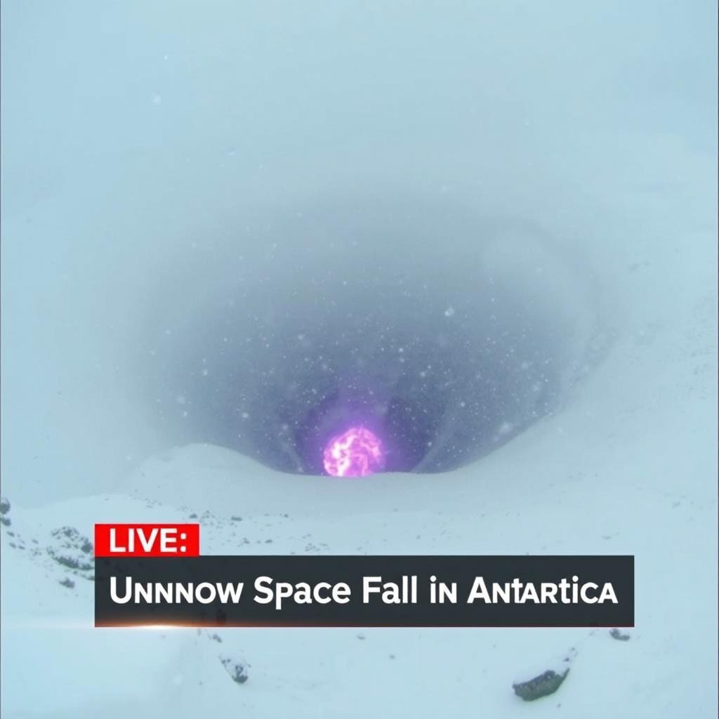 A dramatic scene depicting low-quality footage of a massive black dust and purple flame burning crater at the center of a snowy valley, engulfed in a heavy snowstorm