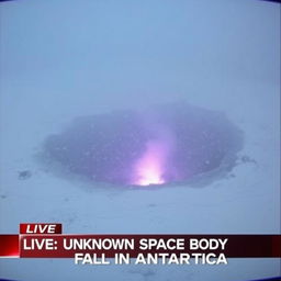 A dramatic scene depicting low-quality footage of a massive black dust and purple flame burning crater at the center of a snowy valley, engulfed in a heavy snowstorm