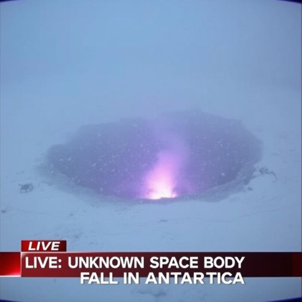 A dramatic scene depicting low-quality footage of a massive black dust and purple flame burning crater at the center of a snowy valley, engulfed in a heavy snowstorm